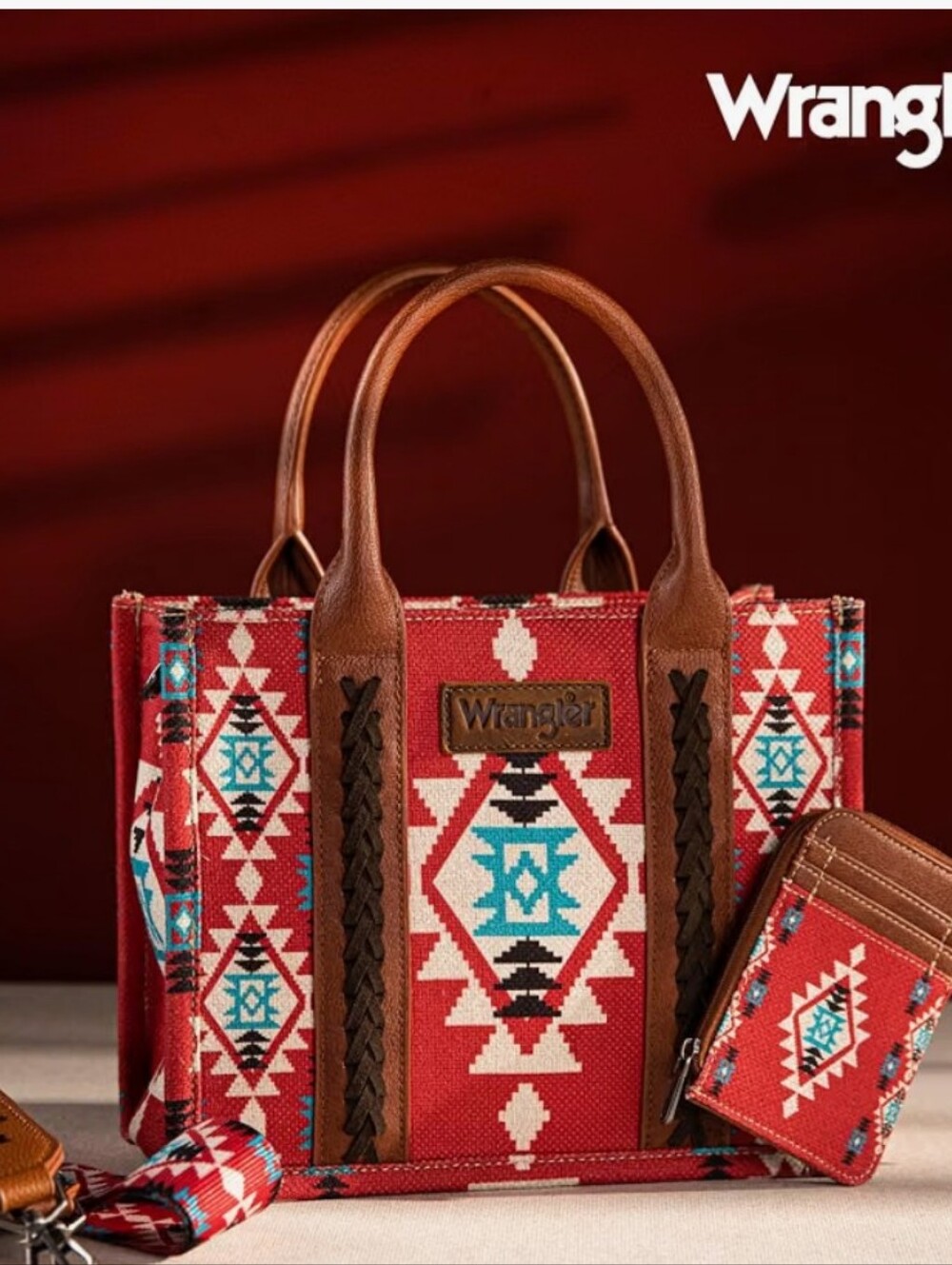 Wrangler Red Aztec Tote with Turquoise & Cream Accents